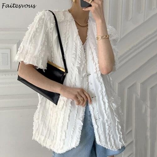 French Retro Tassel Blazers Women Chic Summer Fashion V-neck Three-button Jackets Female OL Loose Thin Short Sleeved Suit Coats