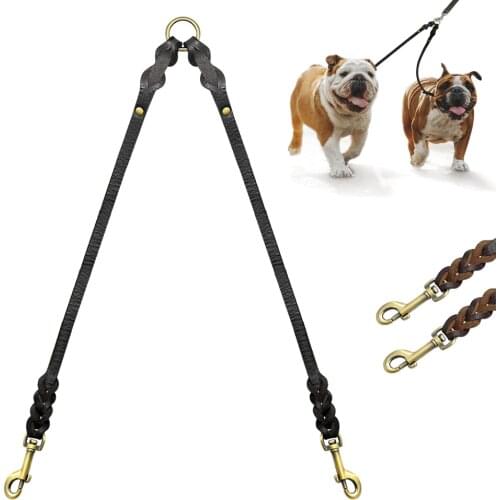 Real Leather Dog Double Leashes Coupler 2 Way Dogs Leashes Pet Couplers Walking Leads For Two Dogs Pitbull Brown Black