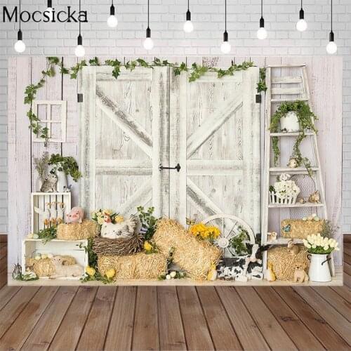 Spring Easter Photography Background Animal Cows Bunny White Wooden Door Props Child Birthday Portrait Backdrop For Photo Studio