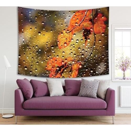 Tapestry Autumn Scene Yellow Leaves Tree Branch View through Water Drops Covered Window Sunlight Warm October Day Brown Green