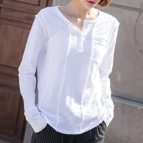 Korean Womens 2020 Autumn new bamboo cotton V-neck loose T-shirt womens long sleeve top cotton base shirt 0912-5