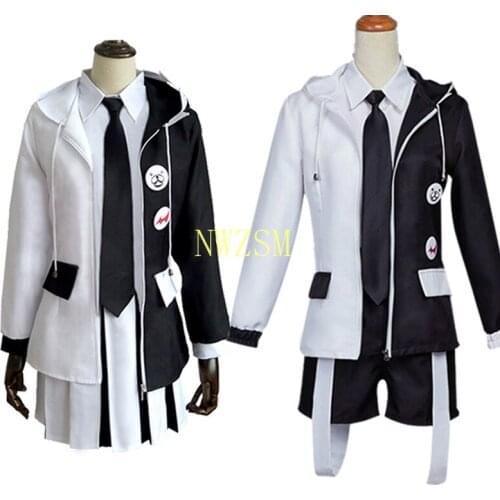 Anime Danganronpa Monokuma Black White Bear Cosplay Costume Uniform Coat Pants Dress Skirt for Women/men