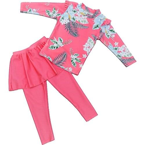Girl Two Pieces Suit 3-11 Year Children Long Sleeve Skirt Swimsuit 2021 Kid Cute Flower Print Swimwear Baby Bathing Suit