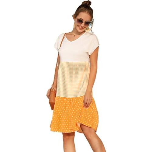 Summer Dresses Women Casual V-Neck Wave Point Short Sleeve Patchwork Dress Female Loose Waist Midi Dress Beach Dress Vestidos