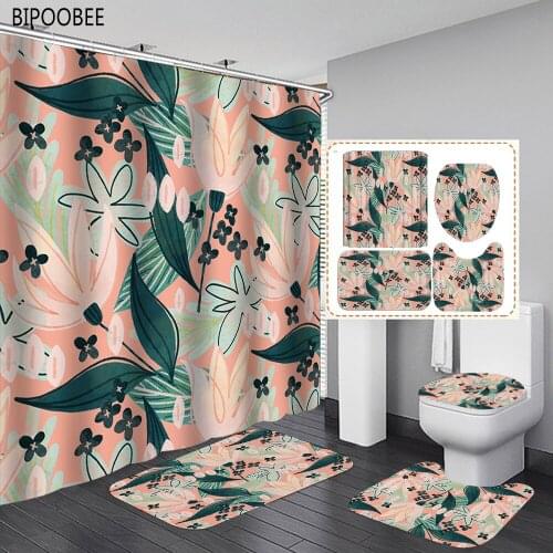 Pink Flower Print Bathroom Shower Curtain Set Bath Mats Rugs Plant Pattern Non-slip Carpet Toilet Lid Cover Pedestal Rug