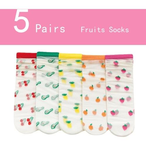 5 Pairs Fruit Orange Socks for summer Ultra-thin Transparent Socks Short Lace Women girl Cherry Avocado Strawberry watermelon