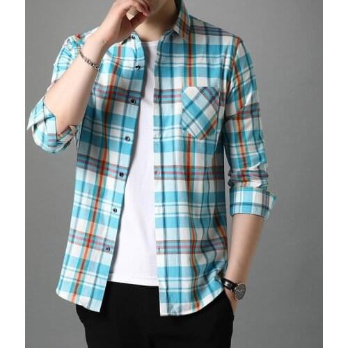 2021 New arrived men shirt Long-Sleeved 100%Cotton Shirt with Turn-Down Collar and Plaid Pattern Fashion Slim men shirt