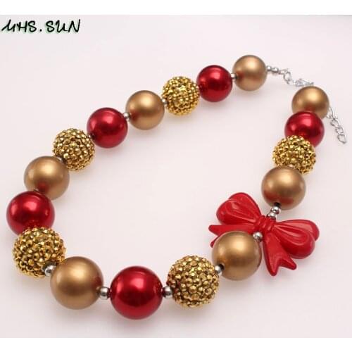 MHS.SUN Cute Red+Gold Color Chunky Bubblegum Beads Necklace Kids Girls Handmade Bowknot Necklace Choker For Christmas Party Gift