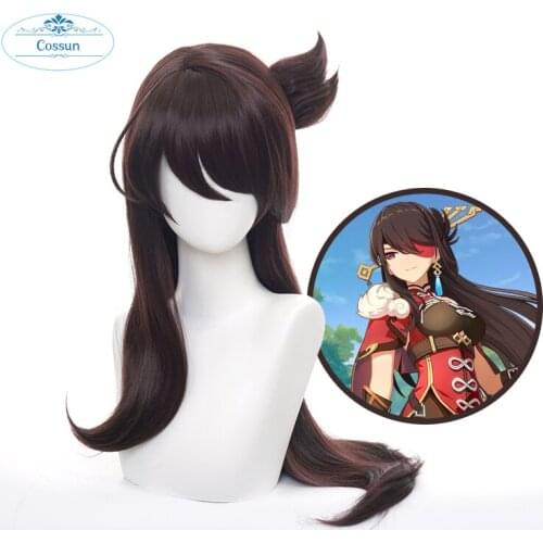 Genshin Impact Cosplay Beidou Wig Removable Bun Brown Long Straight Bangs Heat Resistant Hair Adult Halloween Role Play
