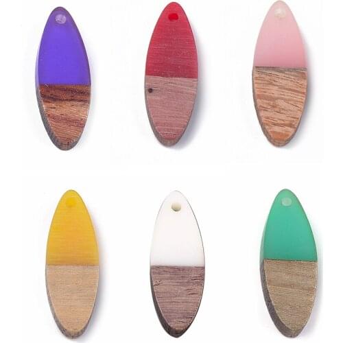 50pcs Resin & Walnut Wood Pendants Horse Eye Mixed Color 28x9.5x3.5~4mm, Hole 1.8mm