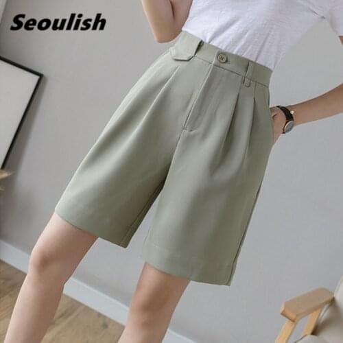 Seoulish Summer 2021 New Women Half Suit Pants Chic Buttons High Waist Wide Leg Pant Elegant Loose Knee Length Trousers Pocket