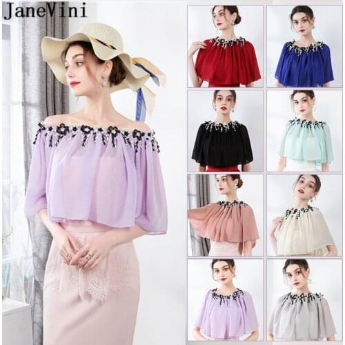 JaneVini 2021 Lace Appliqued Chiffon Bride Capes Summer Wedding Shrugs Wraps Bridal Shoulder Cape Bolero Gasa Party Stoles Cloak