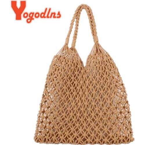 Yogodlns Summer Handmade Straw Bag Female Large Capacity Handle Bag Casual Hollow out Shoulder Bag Fashion Weave Beach Totes Bag
