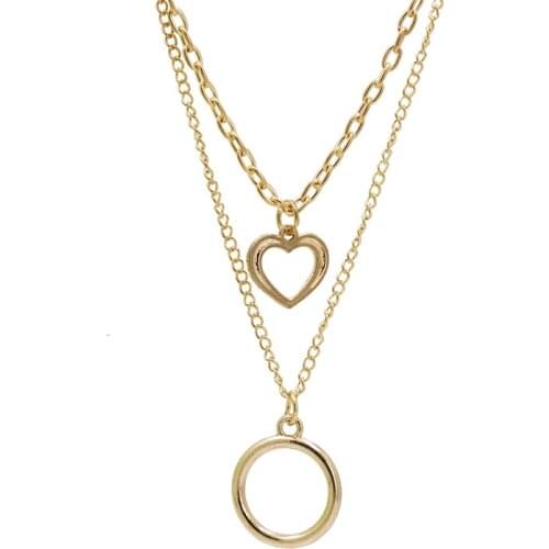 Bohemia Double Layer Hollow Heart & Circle Charm Pendant Necklaces For Women Gold Color Link Chain Choker Necklace