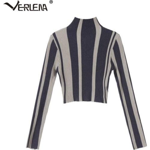 Verlena Early Autumn Stripe Pattern Cropped Short Thin Sweater Women Streetwear Fashion Long Sleeve Funnel Slim Pullover 2019
