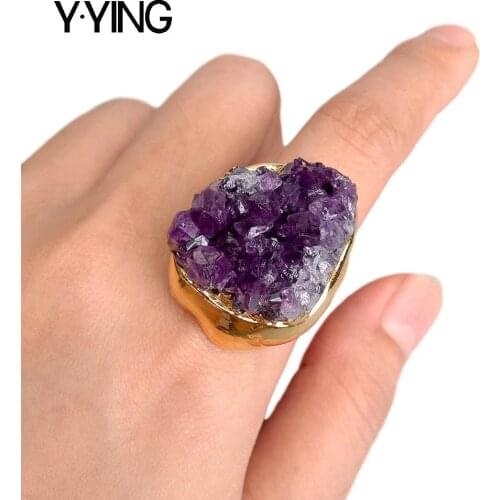 Y.YING Natural Amethsyts Druzy rough Cluster Freedom Shape Gold color Electroplated Ring Adjustable