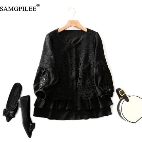 Winter Women T-shirt 2021 Office Lady T-shirty Damskie Lace Full Sleeve Embroidery Solid O-neck Plus Size T-shirt For Woman 4XL