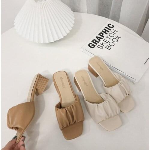 Shoes Slippers Heels Slides Med Fashion Slipers Women Square heel High Luxury 2020 Block Rubber Rome PU Pumps Hoof Shoes Med