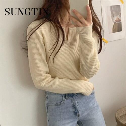 Sungtin Spring Korea Casual Pullover Sweater Women Warm V Neck Soft Knitted Tops Female Simple Basic All Match Thin Jersey Mujer