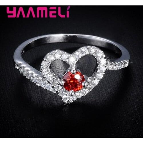 True Love Heart Shape 925 Sterling Silver Engagement Wedding Rings Jewelry For Women With Red Zircon Design