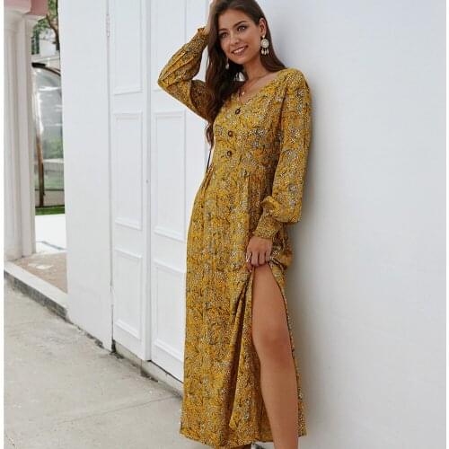GOOHOJIO Autumn High Split Floral Print Ruffles 2020 New Women Dress V-neck Long Dress Ladies Full Sleeve Button Dress Vestidos