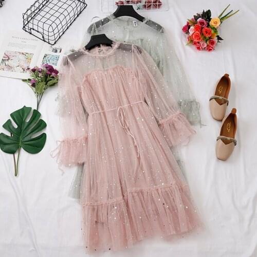 Women Autumn O-neck Pleated Mesh Gauze Tulle Ruffles Bling Star Sequined Dress New Vintage Elastic Slim Bandage Strap Midi Dress