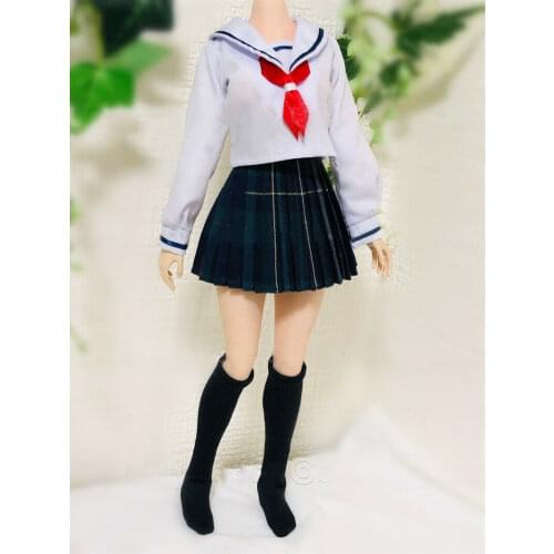 1/6th Long-sleeve Shirt Green Plaid Pleated Skirt Model for 12" Body