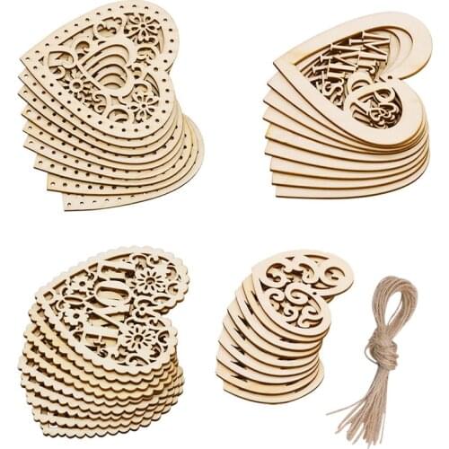 10pcs Wooden Heart Love Pendant Hollow Laser Mr Mrs Wood Chips With Hemp Rope For Rustic Weddings Birthday Party Hanging Decor