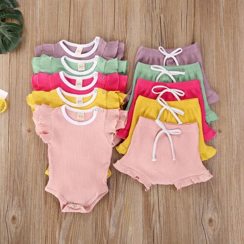 0-18M Infant Baby Girl Knited Clothes 2pcs Summer Ruffle Short Sleeve Romper Tops+High Waist Shorts Outfits Set