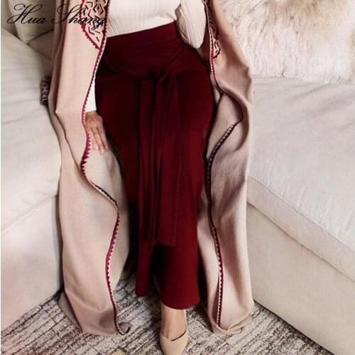 Long Muslim Skirts 2019 Women Summer High Waist Knot Long Belt Elegant Pencil Skirt Ladies Slim Bodycon Office Skirts