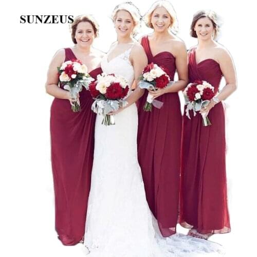 Long Burgundy Bridesmaid Dresses A Line One Shoulder Chiffon Wedding Party Gowns vestido boda invitada