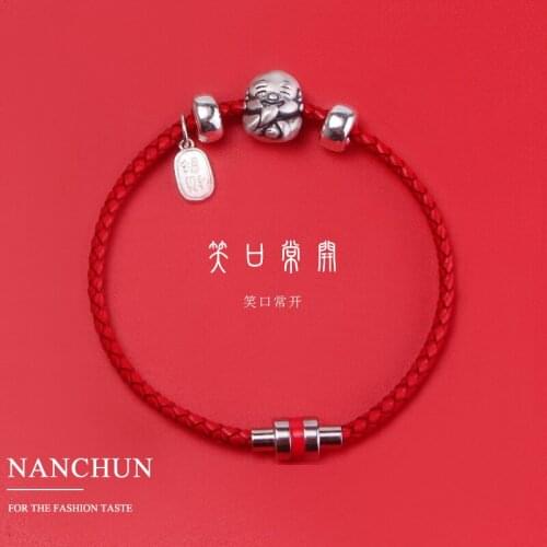 Women Smiley Face Always Open Sterling Silver 999 Female Bracelet Retro Ethnic Style Red String Buddhism