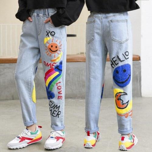 Jeans For Teenage Girls Kids 8 12Yrs 2021 New Arrival Graffiti Painting Print Casual Pants With A Rainbow Cartoon Trousers