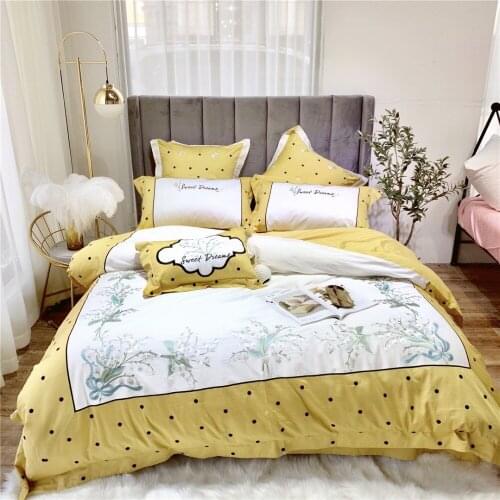 New Luxury 80S Egyptian cotton yellow Bedding sets Queen King Princess Duvet cover Bed sheet set Pillowcases 4/6pc white flower