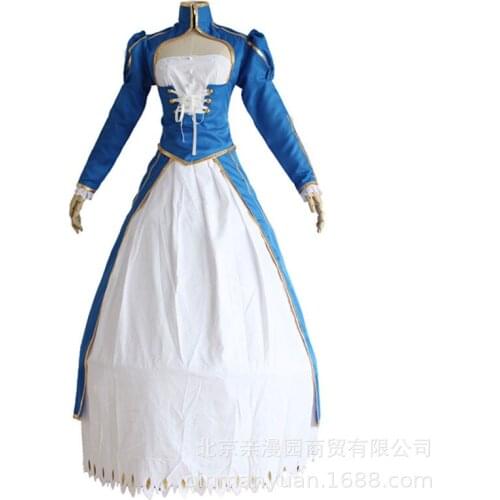 Anime Fate Stay Night Blue Saber Cosplay Altria Pendragon Battle Costume Dress clothes Wig Party Props