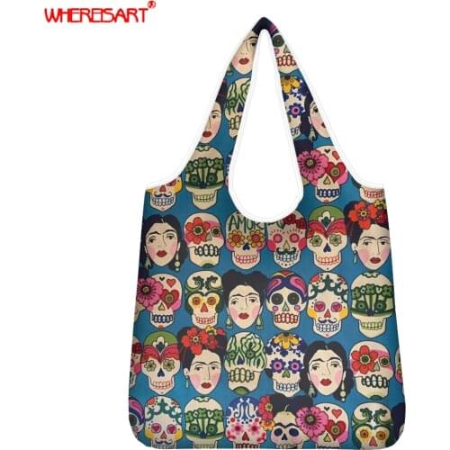 WHEREISART Day of the Dead Pattern Grocery Bags Foldable Shopping Bag Reusable Portable Sugar Skull Tote Bags Large Capacity