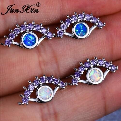 JUNXIN Cute Double Eyes Stud Earrings For Women Silver Color Round Purple Zircon White Blue Fire Opal Earrings CZ