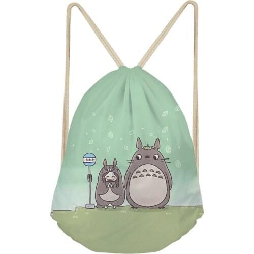 Cartoon Totoro Drawstring Backpacks Mini Polyester Schoolbag Kawaii Portable Outside Packs Cartoon Printing Bags For Girls