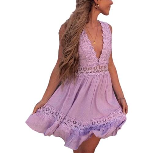 2021 Fashion Trend Women Casual Sexy Dress Female Sleeveless Backless Deep V-neck Lace Hem One-piece Holiday Loose Mini Dress