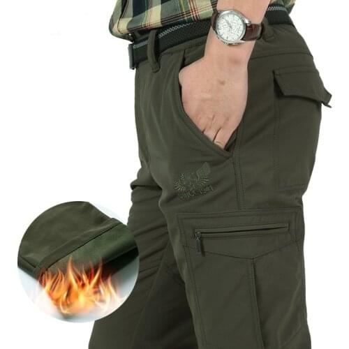 Mens Winter Hiking Pants Fleece Thicken Warm Cargo Tactical Pants Outdoor Fishing Camping Riding Thermal Softshell Long Trouser