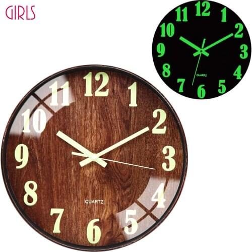 Wall Clocks Night Light Function Wooden 12 Inch Non Ticking Silent Quartz Battery Operated Round Luminous wall clock