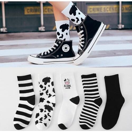 5 pairs New Cow Printed Sock Lovely Harajuku Japanese Style Cotton Women Socks Striped Solid Breathable Casual Cartoon Socks