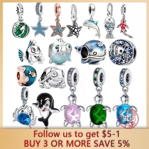 New 925 Sterling Silver Fit Original Pandora Bracelet Necklace Murano Glass Sea Turtle Charm Pendant for Women DIY Jewelry Gift