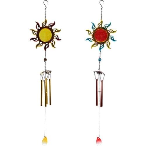 Retro Flame Sun Wind Chime Wrought Iron Glass Art Window Hanging Pendant With Pipe Bell For Garden Balcony Decoration