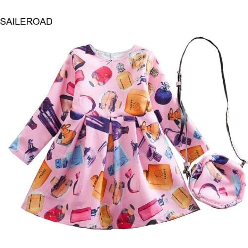 SAILEROAD Christmas Childrens Clothing Long Sleeves Dresses with Bags Outfit Baby Girl Princess Cotton Autumn Kids Clothes