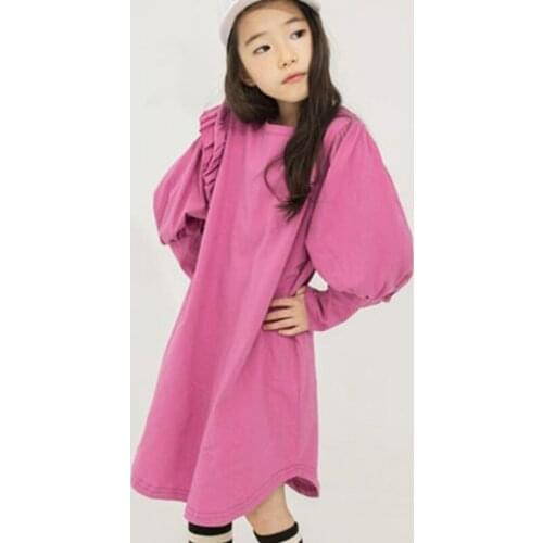 Pink Black Ruffles Long Sleeve Autumn Dresses For Kids Cotton Knee Length Straight Toddler Dress Baby Big Girls Autumn Clothing