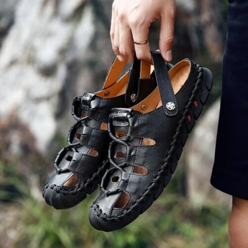 Mens Sandals Comfortable Casual Shoes Genuine Leather Outdoor Beach Sandals Breathable Footwear Hollow-Out Slip on Slippers