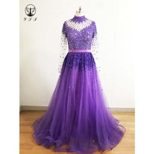 Best Selling Purple High Collar Beaded Heavily Long Sleeve A Line Prom Dresses