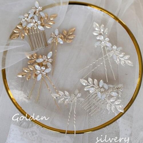 Opal Crystal Bridal Hair Pins Comb Gold Silver color Leaf Women Headpiece Handmade Wedding Hair Ornament Jewelry