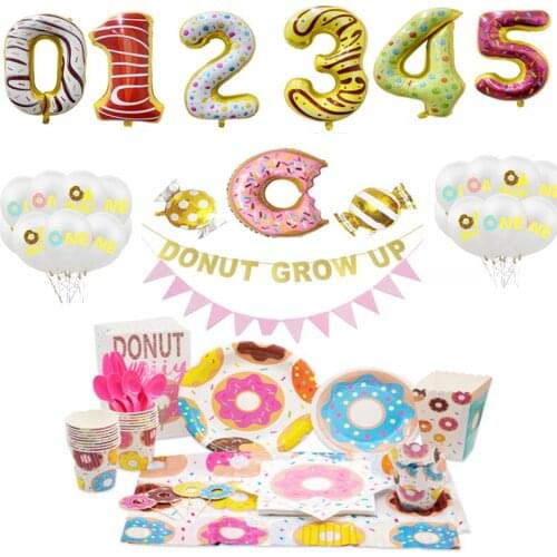 Donut Theme Baby Happy Birthday Party Decoration Disposable Tableware Decoration Banner Box Ice Cream Popcorn Candy Foil Balloon
